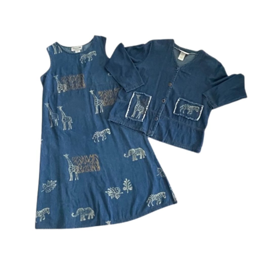 Vintage Studio G Chambray Safari Animal Print Dress & Jacket Set L Made in USA